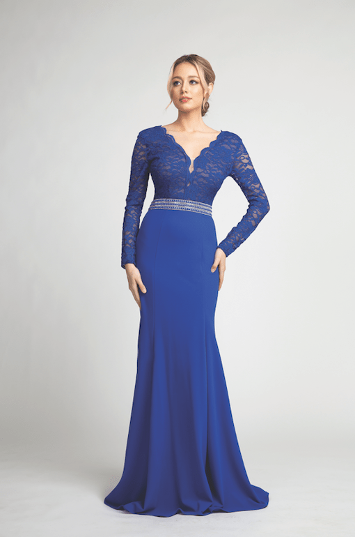 Gorgeous Long Sleeve Gown with Lace Bodice and Waist Belt #FA0125 - NORMA REED
