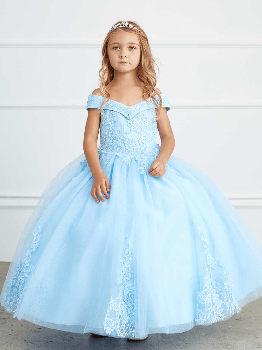 Girls Off Shoulder Flower Girl Dress with Feathers – Mia Bambina Boutique