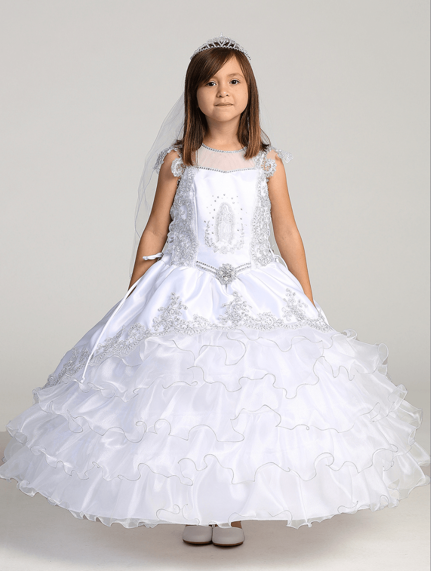 Kids Illusion Neckline Communion Ball Gown with Satin Peplum & Layered Organza Skirt #TK1205 | Norma Reed - NORMA REED