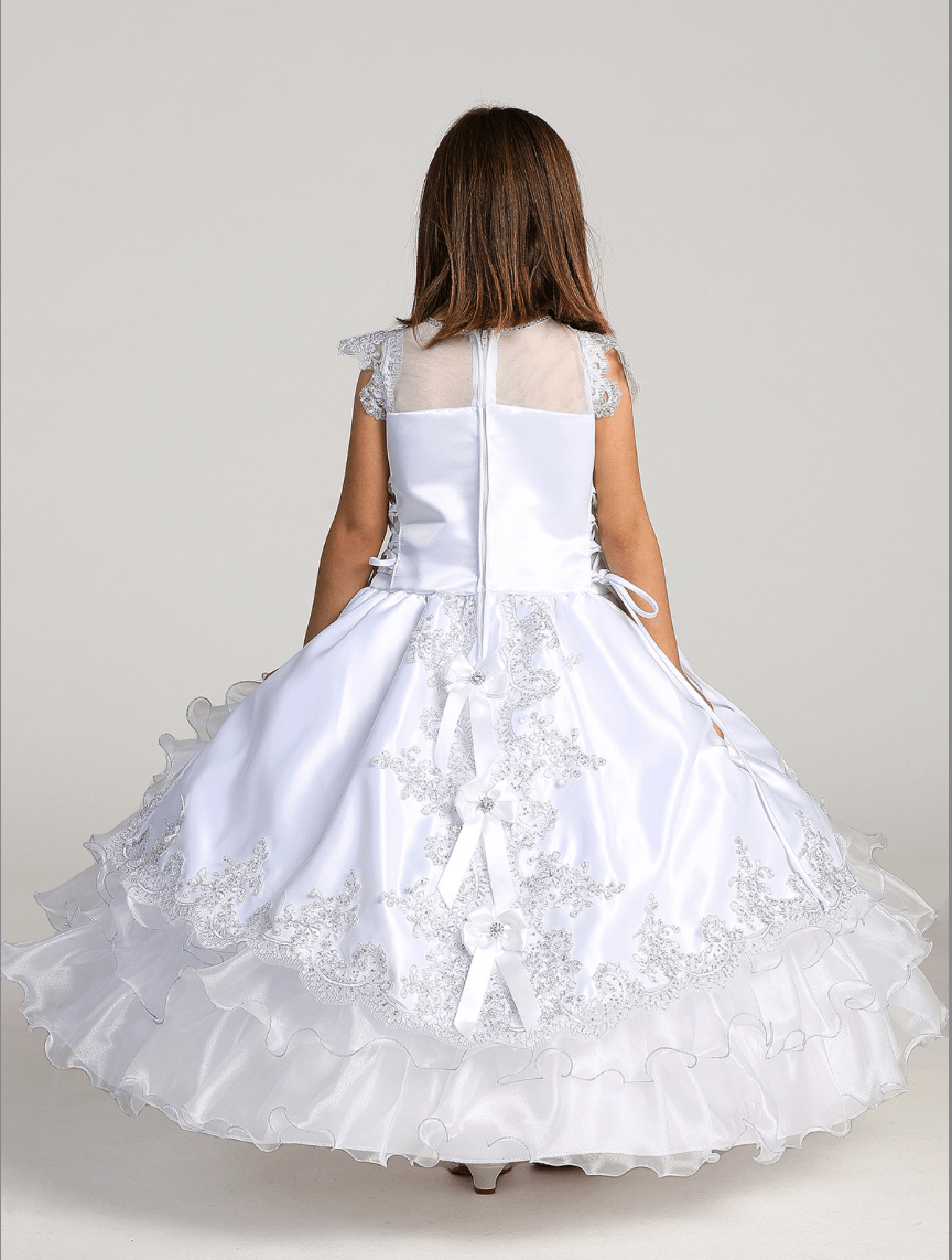 Kids Illusion Neckline Communion Ball Gown with Satin Peplum & Layered Organza Skirt #TK1205 | Norma Reed - NORMA REED