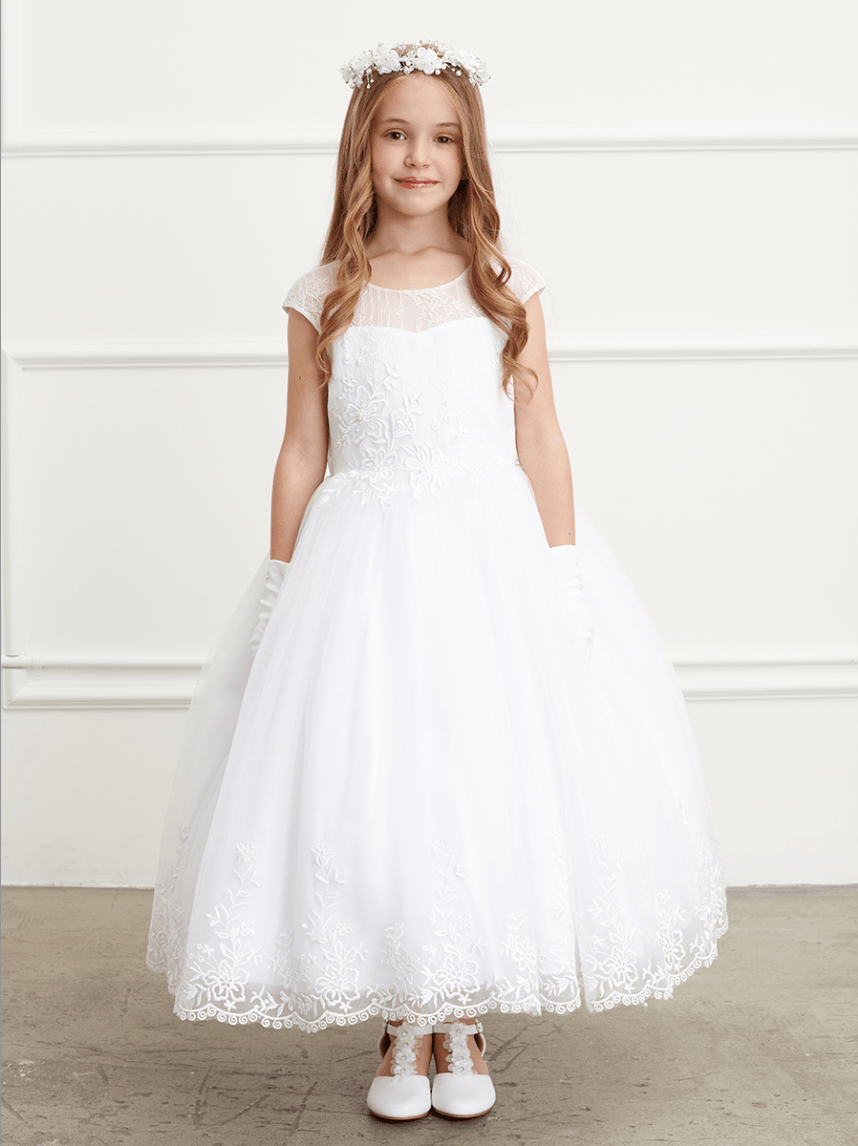 Kids Lace Embroidered Communion Dress With Illusion Neckline #TK5819 | Norma Reed - NORMA REED