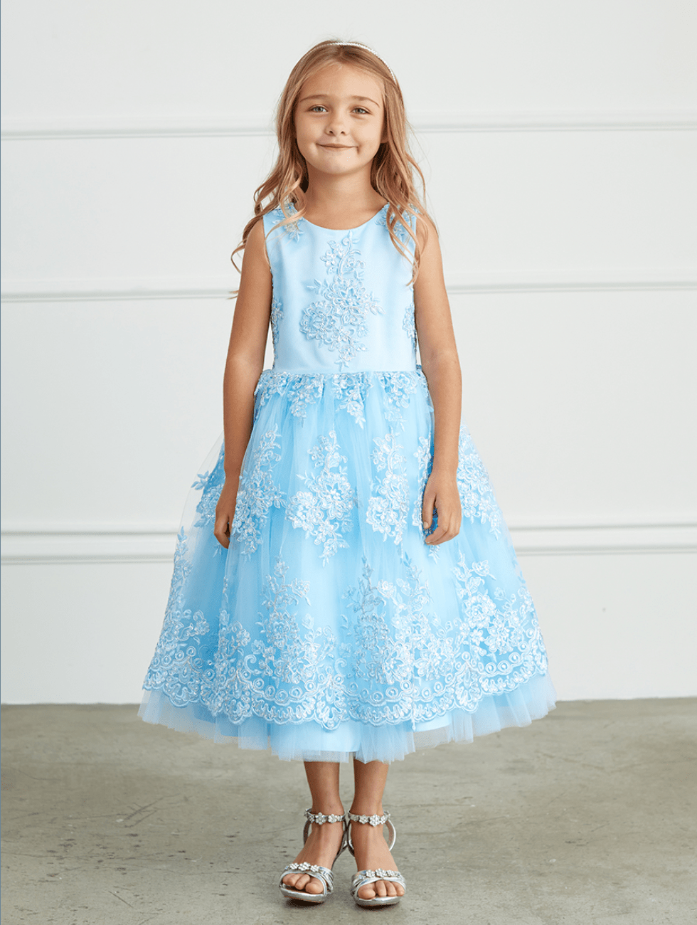 Kids Metallic Lace Embroidered Dress With Tulle Skirt #TK5816 | Norma Reed - NORMA REED