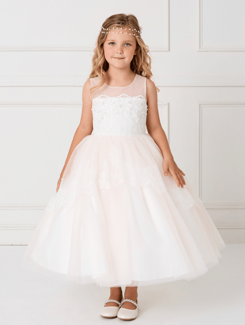 Kids Elegant Sleeveless Illusion Neckline Dress with Lace Applique #TK5794 | Norma Reed - NORMA REED