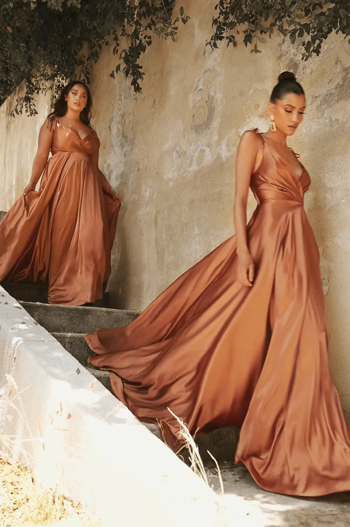 Cinderella Divine BD105 Satin Pleated V Neck Slit Leg Dress