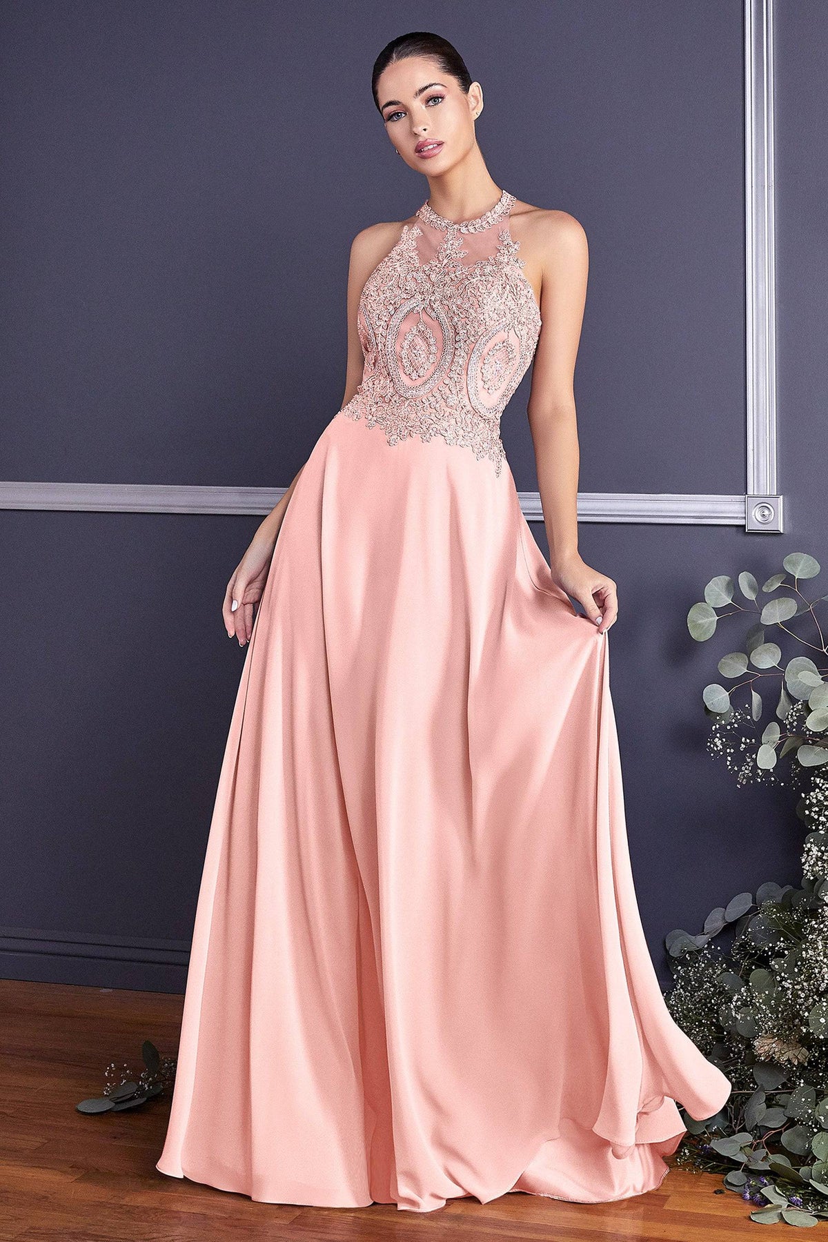 Stunning Long Gown with Embroidered Halter Top Neckline and Flowy Skirt #CDUJ0120 - NORMA REED