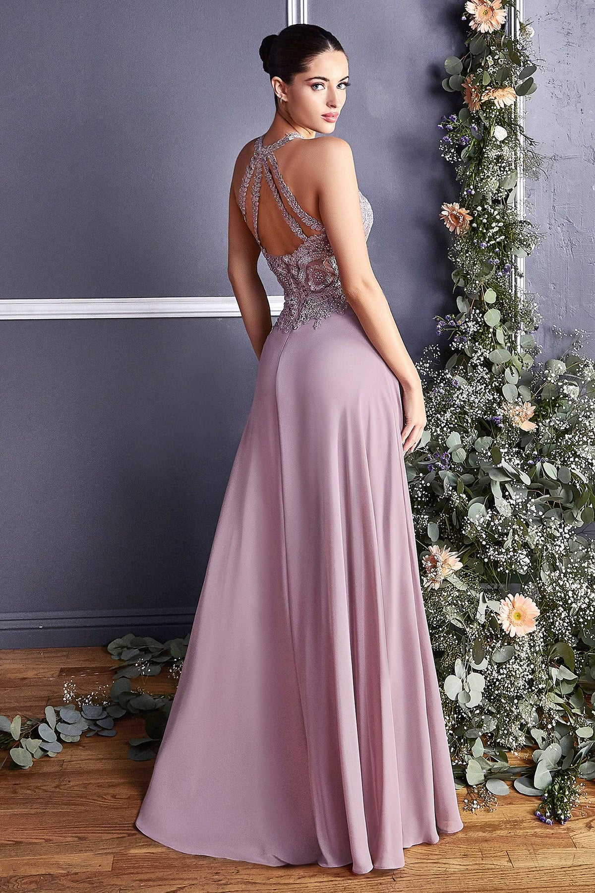Stunning Long Gown with Embroidered Halter Top Neckline and Flowy Skirt #CDUJ0120 - NORMA REED