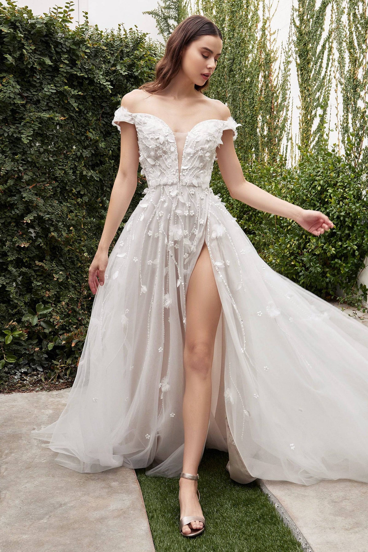 Luxe A1038W Off Shoulder Slit Leg Wedding Dress