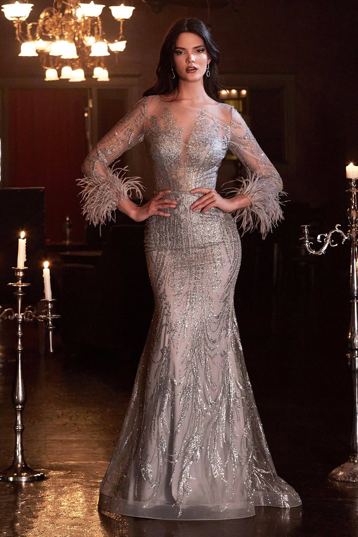 Cinderella Divine CB090 Silver Sequin & Feather Sheer Long Sleeve Dress - NORMA REED