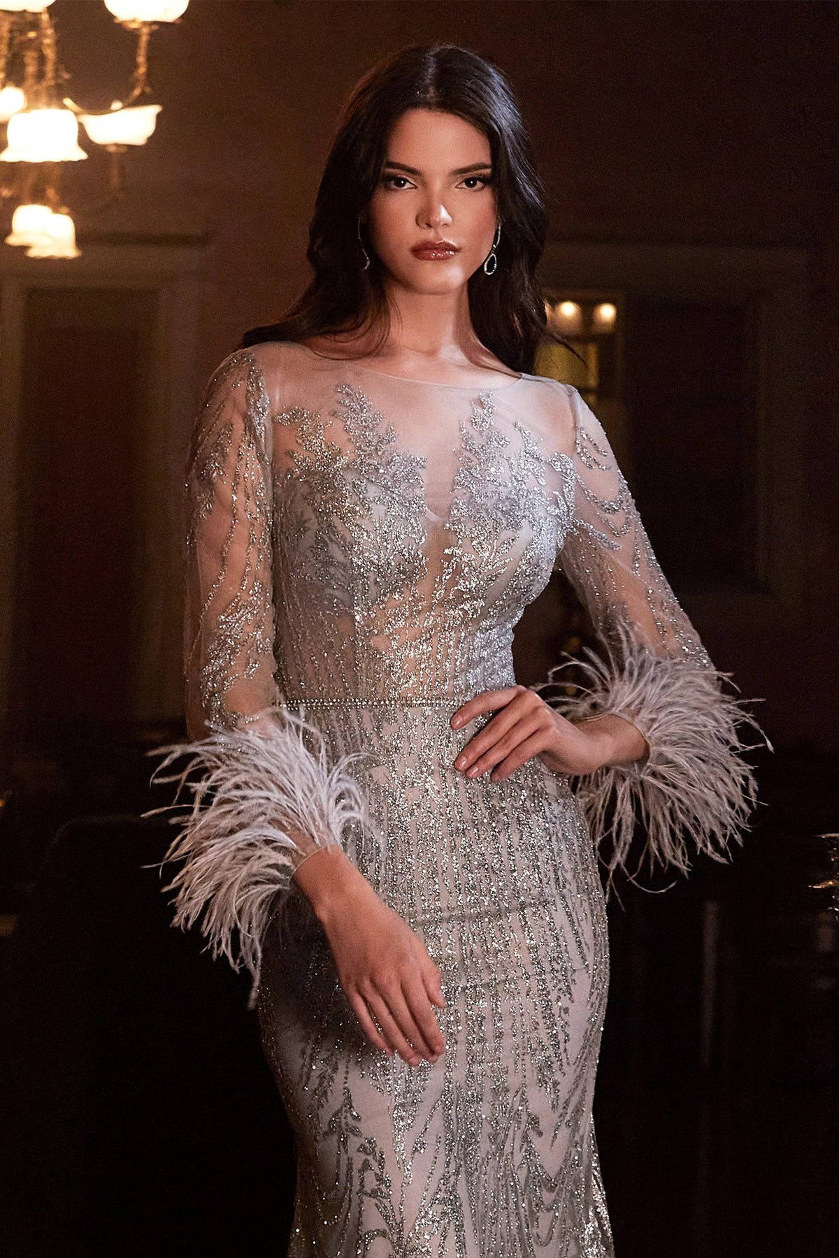 Cinderella Divine CB090 Silver Sequin & Feather Sheer Long Sleeve Dress - NORMA REED